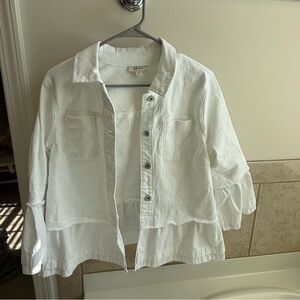 White Denim Jacket Peplum Ruffle Hem Medium